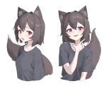 1girl absurdres animal_ear_fluff animal_ears black_shirt black_t-shirt blush brown_hair ellu fang hand_on_own_chin highres looking_at_viewer multiple_views open_mouth original red_eyes shirt skin_fang smile stroking_own_chin t-shirt tail upper_body