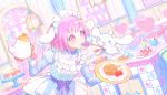 1boy 1girl animal_ears blush chair cinnamoroll cinnamoroll_(cosplay) day dress fake_animal_ears food holding_plate holding_spoon holding_teapot official_art ootori_emu pink_eyes pink_hair plate project_sekai sanrio short_hair sparkling_eyes spoon spoon_in_mouth table teapot window