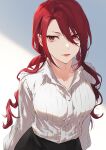 1girl black_pants buttons closed_mouth collar commentary_request eyelashes isa_(peien516) kirijou_mitsuru long_hair pants persona persona_3 red_eyes red_lips redhead shirt smile solo standing upper_body white_collar white_shirt 