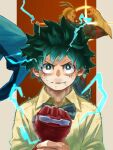  2boys absurdres adam&#039;s_apple aged_down all_might antenna_hair bags_under_eyes black_bow black_bowtie blonde_hair blue_cape blue_outline bodysuit boku_no_hero_academia bow bowtie bright_pupils brown_background bruise cape clenched_hand closed_mouth collared_shirt commentary_request determined diffraction_spikes electricity flexing floating_cape freckles green_eyes green_hair grin hand_on_own_wrist hand_up hands_up happy highres holding_own_wrist injury looking_at_viewer looking_to_the_side male_focus midoriya_izuku multiple_boys official_alternate_costume outline outside_border partial_commentary pillarboxed profile scratches shirt short_hair sideburns smile split_mouth straight-on superhero turning_head upper_body upturned_eyes v-shaped_eyebrows white_pupils wing_collar yagi_toshinori yellow_shirt yomoyama_yotabanashi 