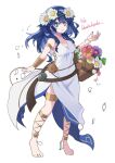 1girl armlet barefoot basket blue_eyes blue_hair bracelet closed_mouth dress fire_emblem fire_emblem_awakening fire_emblem_heroes flower flower_basket full_body hair_flower hair_ornament holding holding_basket jewelry long_hair looking_at_viewer lucina_(fire_emblem) lucina_(valentine)_(fire_emblem) official_alternate_costume petals ryoto_soukyuu signature sleeveless sleeveless_dress smile solo thighlet white_background white_dress 