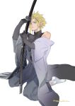  1boy alternate_costume ankle_socks armored_gloves arms_up black_gloves black_wings blonde_hair blue_eyes cloud_strife commentary_request detached_sleeves expressionless feathered_wings final_fantasy final_fantasy_vii full_body gloves grey_hakama hakama haori high_collar highres implied_yaoi japanese_clothes kneeling looking_to_the_side male_focus masamune_(ff7) nikuram_f obi parted_lips sash scabbard sheath short_hair signature simple_background single_wing sleeveless socks solo spiky_hair white_background white_socks wing_print wings 