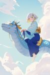  1girl alternate_costume bandaid bandaid_on_face bandaid_on_nose barefoot blonde_hair blue_hakama clouds colored_inner_hair commentary day double-parted_bangs dragon dragon_riding eastern_dragon flying gold_trim grey_hair hachi_(live_union) hair_between_eyes hair_ornament hakama hakama_pants highres holding holding_reins japanese_clothes kanata_cream kimono live_union looking_at_viewer mole mole_under_eye multicolored_hair obi outdoors pants print_kimono reins riding riding_animal saddle sash short_hair smile solo two-tone_hair virtual_youtuber white_kimono yellow_eyes 