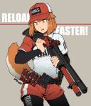  1girl bangdog bangdog0313 baseball_cap black_bodysuit bodysuit fang fox_girl fox_tail gun hat highres orange_eyes orange_hair original red_dot_sight reloading shirt short_hair short_shorts shorts shotgun shotgun_shell signature solo t-shirt tail weapon 