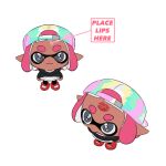 1girl :3 backwards_hat baseball_cap closed_mouth dark-skinned_female dark_skin dot_nose grey_eyes hat ikki_(gsl_9708) inkling_girl inkling_player_character medium_hair meme multicolored_clothes multicolored_headwear multiple_views pink_hair place_lips_here_(meme) pointy_ears simple_background splatoon_(series) tentacle_hair thick_eyebrows white_background 