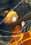  1girl blonde_hair buttons hair_ribbon kurodani_yamame long_sleeves medium_hair ribbon shee_take silk skirt sleeveless solo spider_web touhou underground yellow_eyes 