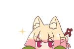  1girl animal_ear_fluff animal_ears blonde_hair commentary_request fox_ears hair_between_eyes hair_bun hair_ornament kemomimi-chan_(naga_u) looking_at_viewer naga_u original peeking_out simple_background solo sparkle v-shaped_eyebrows violet_eyes white_background 