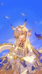  1girl arknights bare_shoulders blue_eyes blue_sky blurry blurry_foreground breasts closed_mouth commentary_request dragon_horns dragon_tail dress drone_(drone_37) gloves grey_hair head_tilt highres holding holding_weapon horns long_hair long_sleeves looking_at_viewer off_shoulder pointy_ears shu_(arknights) sky small_breasts smile solo strapless strapless_dress tail weapon white_dress yellow_gloves 