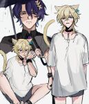  2boys absurdres animal_ears aventurine_(honkai:_star_rail) az_(az_2x6) black_shirt blonde_hair blue_hair chain chain_leash collar collared_shirt dr._ratio_(honkai:_star_rail) hair_between_eyes hair_ornament highres honkai:_star_rail honkai_(series) leash male_focus multiple_boys shirt short_hair shorts simple_background tail violet_eyes white_background white_shirt 