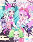 :d absurdres adapted_costume arm_up bent_v black_hairband blue_bow blue_hair blunt_bangs bow carron_(waccha_primagi!) carron_(waccha_primagi!)_(rabbit) chinese_zodiac closed_eyes commentary_request cowboy_shot drill_hair green_hair hair_bow hairband hand_up highres idol_land_pripara japanese_clothes katasumi_amari kimono kiratto_pri_chan long_hair long_sleeves looking_at_viewer manaka_non momokan_(mmkn100) new_year open_mouth outline pink_bow pink_eyes pretty_series pripara puffy_sleeves purple_hair rabbily_(kiratto_pri_chan) rabbit_ear_hairband side_ponytail smile standing twin_drills twintails usacha usagi_(pripara) v very_long_hair violet_eyes waccha_primagi! white_kimono white_outline wide_sleeves year_of_the_rabbit 