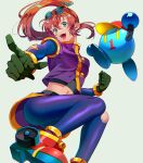  1girl absurdres brown_hair crop_top eyewear_on_head gloves green_eyes green_gloves high_ponytail highres leggings long_hair looking_at_viewer midair navel open_mouth png_(kkcu7283) pointing precis_neumann shiny_clothes solo star_ocean star_ocean_the_second_story teeth torn_clothes white_background 
