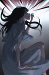  1girl absurdres arm_up black_hair chromatic_aberration dress film_grain floating_hair from_side highres kyano_(kyanora3141) long_hair original red_eyes see-through see-through_dress solo spikes sundress white_dress wide_sleeves 