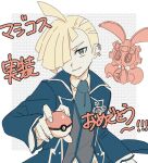  1boy ahoge blonde_hair border closed_mouth coat collared_shirt commentary_request ear_piercing gladion_(pokemon) hair_over_one_eye long_sleeves looking_at_viewer magearna male_focus necktie nm222 official_alternate_costume open_clothes open_coat outside_border piercing pokemon pokemon_(creature) pokemon_masters_ex shirt short_hair smile translation_request vest white_border 