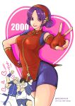  asamiya_athena blue_shorts breasts china_dress chinese_clothes double_bun dress fingerless_gloves gloves hair_bun heart heart_background highres jhun_hoon looking_at_viewer medium_breasts purple_hair rocohisaya shorts sie_kensou smile the_king_of_fighters v violet_eyes 