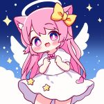  1girl :d absurdres angel_wings animal_ears blush bow changkiwi clouds dress hair_bow halo highres long_hair looking_at_viewer pink_eyes pink_hair self-upload shirt short_sleeves sky smile sparkle white_shirt wings 