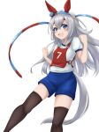  1girl animal_ears black_thighhighs blue_eyes blue_hairband blue_shorts character_name clenched_hands commentary ear_covers fang grey_hair gym_shirt gym_shorts gym_uniform hairband highres horse_ears horse_girl kemuri_(etep3372) long_hair looking_at_viewer open_mouth race_bib shirt short_sleeves shorts simple_background smile solo standing t-shirt tamamo_cross_(umamusume) thigh-highs translated umamusume white_background white_shirt 