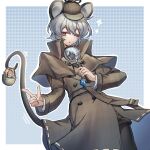  1girl alternate_costume animal animal_ears black_pantyhose black_shorts blush capelet coat grey_capelet grey_coat grey_hair grey_headwear hat highres holding holding_magnifying_glass looking_at_viewer magnifying_glass motion_lines mouse mouse_ears mouse_tail nazrin one_eye_closed outline pantyhose parted_lips red_eyes shishui_guima short_hair shorts solo sparkle tail touhou white_outline 