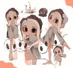 1girl agent_8_(splatoon) barefoot brown_hair closed_mouth commentary coral eyelashes grey_eyes grey_shirt li04r long_hair multiple_views octoling_girl octoling_player_character octopus shirt simple_background sleeves_past_fingers sleeves_past_wrists splatoon splatoon_(series) splatoon_3 splatoon_3:_side_order standing standing_on_one_leg tentacle_hair white_background