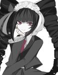  1girl anjeu_(uuci925) black_hair blunt_bangs celestia_ludenberg center_frills danganronpa:_trigger_happy_havoc danganronpa_(series) drill_hair earrings frills gothic_lolita hand_up jacket jewelry lolita_fashion long_hair long_sleeves looking_at_viewer necktie pale_skin red_eyes red_necktie revision shirt simple_background smile solo twin_drills twintails white_background white_shirt 