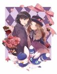  1boy 1girl alternate_costume black_hair blush border bouquet brown_hair calem_(pokemon) candy chocolate chocolate_bar closed_mouth flower food grey_eyes hat highres holding holding_bouquet long_hair meowstic meowstic_(female) meowstic_(male) open_mouth pink_flower pokemon pokemon_(creature) pokemon_xy sapphire_ethu serena_(pokemon) short_hair smile white_border 