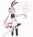  1boy absurdres animal_ears astolfo_(fate) astolfo_(saber)_(fate) black_bow black_bowtie black_dress black_thighhighs bow bowtie buttons cropped_legs dress fake_animal_ears fate/grand_order fate_(series) gold_trim hair_bow highres holding holding_sword holding_weapon juliet_sleeves kaigan0211 layered_sleeves long_sleeves looking_at_viewer male_focus multicolored_hair otoko_no_ko parted_lips pink_hair puffy_sleeves rabbit_ears scabbard sheath short_hair_with_long_locks simple_background solo streaked_hair sword thigh-highs twintails two-tone_hair weapon white_background white_hair 