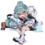  1girl aqua_hair aqua_headwear ballpoint_splatling_(splatoon) bandaid bandaid_on_knee bandaid_on_leg beanie commentary_request food_in_mouth full_body gun hat high_tops highres holding holding_gun holding_weapon ink_mine_(splatoon) ink_vac_(splatoon) inkling_girl inkling_player_character invisible_chair long_hair looking_at_viewer pointy_ears shoes simple_background sitting sneakers solo splatoon_(series) splatoon_3 tentacle_hair thick_eyebrows weapon white_background white_footwear yellow_eyes yksb_inc6 