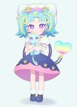  1girl :o absurdres aged_down ahoge animal animal_hat blonde_hair blue_hair blue_skirt cat cat_day cat_hat commentary_request dual_persona full_body grey_background hat heart highres holding holding_animal holding_cat long_hair looking_at_viewer momokan_(mmkn100) multicolored_hair myamu myamu_(cat) open_mouth paw_print pretty_series shirt shoes simple_background skirt solo standing streaked_hair twintails violet_eyes waccha_primagi! white_shirt 