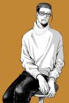  1boy 3kaku_mimi bespectacled casual cigarette facial_hair glasses golden_kamuy hair_slicked_back highres long_sleeves looking_at_viewer male_focus monochrome mouth_hold ogata_hyakunosuke orange_background pants scar scar_on_cheek scar_on_face short_hair sitting solo stool stubble sweater 