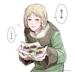  1girl blonde_hair braid commentary cupcake dosibutyou elden_ring flying_sweatdrops food green_eyes highres looking_at_viewer mole mole_under_mouth rya_(elden_ring) smile solo translated white_background 