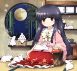  1girl arm_rest bamboo blunt_bangs bonsai bow bowtie brown_eyes cabinet circle closed_mouth floral_print food frilled_shirt_collar frilled_skirt frills full_moon highres hime_cut houraisan_kaguya indoors long_hair long_sleeves looking_at_viewer mizumoto_tadashi mochi moon mountainous_horizon night night_sky petting pink_shirt rabbit red_skirt shelf shirt sitting skirt sky sleeping_animal smile solo star_(sky) starry_sky touhou white_bow wide_sleeves window yellow_bow yellow_bowtie 