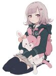  1girl absurdres backpack bag black_jacket black_thighhighs blush closed_mouth danganronpa_(series) danganronpa_2:_goodbye_despair full_body grey_skirt hair_ornament highres hood hooded_jacket jacket kaigan0211 long_sleeves looking_at_viewer monomi_(danganronpa) nanami_chiaki neck_ribbon pink_bag pink_eyes pink_hair pink_ribbon ribbon seiza short_hair simple_background sitting skirt smile solo stuffed_animal stuffed_toy thigh-highs white_background 