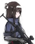  1girl android blue_jacket brown_eyes brown_hair closed_mouth collared_jacket expressionless from_side girls_frontline gun hair_between_eyes hair_ribbon hairband high_collar holding holding_gun holding_weapon jacket looking_ahead looking_down mechanical_arms rampart1028 ribbon scope short_hair_with_long_locks sidelocks simple_background single_mechanical_arm solo submachine_gun type_79_(girls&#039;_frontline) type_79_smg weapon white_background white_hairband white_ribbon 