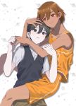  2boys black_eyes black_hair black_sweater_vest blush brown_eyes brown_hair brown_shorts closed_mouth collarbone collared_shirt dark-skinned_male dark_skin hair_between_eyes hand_on_another&#039;s_arm hand_on_another&#039;s_head highres holding_hands kel_(faraway)_(omori) kel_(omori) multiple_boys omori orange_shorts orange_tank_top parted_lips shirt short_hair short_sleeves shorts simple_background sleeveless smile sunny_(omori) sweater_vest tan tank_top tears tio_zomi white_shirt 