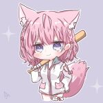  1girl :3 absurdres animal_ear_fluff animal_ears baseball_bat blue_eyes blush braid chibi closed_mouth commentary_request cowboy_shot grey_background hair_between_eyes hakui_koyori hand_on_own_hip hand_up highres holding holding_baseball_bat hololive hood hood_down hooded_jacket jacket long_sleeves looking_at_viewer medium_hair pink_hair signature simple_background smile solo sparkle tail twin_braids utuigawa v-shaped_eyebrows virtual_youtuber white_jacket wolf_ears wolf_tail 