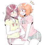  2girls blush casual chadolbaegi green_eyes looking_at_another medium_hair multiple_girls nose_blush open_mouth orange_hair original red_eyes redhead shirt short_hair short_shorts short_sleeves shorts sitting swept_bangs t-shirt white_background yuri 