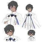  1boy absurdres arjuna_(fate) averting_eyes black_eyes black_hair blush cape chibi closed_eyes dark-skinned_male dark_skin fate/grand_order fate_(series) gloves hair_between_eyes highres kaigan0211 looking_at_viewer looking_down male_focus multiple_views parted_lips simple_background solo_focus sweat upper_body white_background white_cape white_gloves 