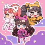 3girls :d animal_ear_hairband animal_ears animal_hands black_hair blue_eyes blunt_bangs bow brown_hair cat_ear_hairband cat_ears chibi clouds commentary_request fake_animal_ears fang full_body fur_scarf gaaruru_(pripara) gloves hair_bow hairband hands_on_own_hips hands_up headphones highres kurosu_aroma long_hair looking_at_viewer momokan_(mmkn100) multiple_girls one_eye_closed open_mouth orange_skirt outline paw_gloves paw_shoes pink_background pink_bow pink_skirt ponytail pretty_series pripara redhead shiratama_mikan sidelocks skirt smile standing star_(symbol) tongue tongue_out twintails v-shaped_eyebrows white_skirt 