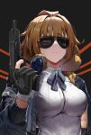  1girl :&lt; black_background black_gloves blue_jacket finger_on_trigger fur-trimmed_jacket fur_trim girls_frontline gloves grizzly_mkv_(girls&#039;_frontline) grizzly_win_mag gun hanabusaraleigh handgun holding holding_gun holding_weapon jacket parody partially_fingerless_gloves raised_eyebrow short_hair simple_background solo sunglasses terminator_(series) the_terminator upper_body weapon 