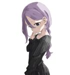  1girl black_sweater blush brown_eyes closed_mouth collarbone hair_between_eyes hair_down highres light_smile long_hair long_sleeves looking_at_viewer purple_hair sleeves_past_wrists solo soredemo_ayumu_wa_yosetekuru sweater white_background yamamoto_souichirou yaotome_urushi 