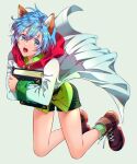  1boy absurdres animal_ears blue_eyes blue_hair book cat_boy cat_ears commentary_request eyelashes full_body green_shorts green_socks hair_between_eyes highres holding holding_book lab_coat leon_geeste light_blue_hair male_focus midair open_mouth png_(kkcu7283) shoes short_hair shorts socks solo star_ocean star_ocean_the_second_story white_background 