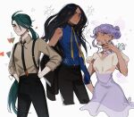  3girls black_hair black_necktie black_pants blue_eyes blue_gloves blue_shirt closed_mouth collared_shirt commentary earrings geeta_(pokemon) gloves green_hair hand_up hands_in_pockets highres jewelry long_hair multiple_girls nail_polish neck_ribbon necktie oratoza pants parted_lips pokemon pokemon_sv ponytail purple_hair ribbon rika_(pokemon) shirt short_sleeves sleeveless sleeveless_shirt smile suspenders tulip_(pokemon) white_background yellow_ribbon 