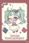  1girl ;d absurdres ahoge arm_up blonde_hair blue_hair blue_vest book bow chibi dress full_body glasses grey_hairband hair_bow hairband highres long_hair long_sleeves looking_at_viewer momokan_(mmkn100) multicolored_hair myamu one_eye_closed open_book open_mouth pretty_series red_bow smile solo sparkle standing streaked_hair twintails vest violet_eyes waccha_primagi! white_dress 