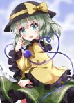  1girl :p black_headwear blue_eyes blush bow buttons commentary_request diamond_button eyeball frilled_shirt_collar frilled_sleeves frills green_hair green_skirt hat hat_bow heart heart_of_string highres holding holding_knife knife komeiji_koishi long_sleeves looking_at_viewer medium_hair ruu_(tksymkw) shirt skirt solo third_eye tongue tongue_out touhou wide_sleeves yellow_bow yellow_shirt 