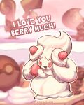  :d alcremie alcremie_(strawberry_sweet) blurry blurry_background commentary english_text food fruit full_body highres holding holding_food holding_fruit kelvin-trainerk no_humans open_mouth outline pink_eyes pokemon pokemon_(creature) pun smile solo strawberry twitter_username watermark 
