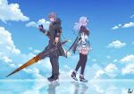  1boy 1girl absurdres back-to-back black_jacket black_thighhighs blue_sky boots clouds cloudy_sky collared_shirt cropped_jacket day firefly_(honkai:_star_rail) floating_hair from_side full_body grey_hair high_heel_boots high_heels highres holding holding_sword holding_weapon honkai:_star_rail honkai_(series) hood hood_down hooded_jacket jacket long_hair looking_ahead neckerchief orange_neckerchief outdoors reflective_floor ron_(hengyep) shirt short_hair signature sky sword thigh-highs trailblazer_(honkai:_star_rail) weapon white_footwear white_shirt zettai_ryouiki 