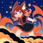 1girl :d absurdres animal_ears black_dress blush blush_stickers brown_hair changkiwi dress fang fire highres long_hair looking_at_viewer open_mouth red_eyes redhead short_sleeves sky smile solo star_(sky) starry_sky 