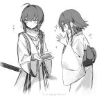  1girl 1other :d averting_eyes back_bow blush bow bracelet braid closed_mouth comb fate/samurai_remnant fate_(series) greyscale japanese_clothes jewelry kimono long_sleeves medal medium_hair monochrome ogasawara_kaya own_hands_together sash scabbard sheath short_hair simple_background smile translation_request wide_sleeves yamato_takeru_(fate) yuui1994 