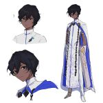  1boy ? absurdres arjuna_(fate) black_eyes black_hair blue_cape cape closed_eyes closed_mouth dark-skinned_male dark_skin fate/grand_order fate_(series) hair_between_eyes highres kaigan0211 looking_at_viewer male_focus multiple_views pants shirt short_hair simple_background smile solo_focus tabard two-sided_cape two-sided_fabric white_background white_cape white_footwear white_pants white_shirt 