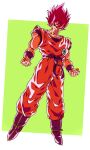  1boy absurdres black_eyes blue_footwear blue_shirt boots clenched_hand collarbone dougi dragon_ball dragon_ball_z dutch_angle floating full_body green_background highres kaiouken male_focus muscular muscular_male oharu2000 open_mouth orange_pants pants sash shirt simple_background solo son_goku toriyama_akira_(style) undershirt wristband 