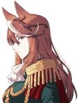  1girl animal_ears ascot brown_hair cape closed_mouth commentary_request crossed_arms epaulettes from_side green_shirt hair_between_eyes highres horse_ears horse_girl light_blush long_hair long_sleeves looking_at_viewer military_uniform multicolored_hair red_cape shirt side_cape sideways_glance single_epaulette solo streaked_hair symboli_rudolf_(umamusume) taisaaa umamusume uniform upper_body very_long_hair violet_eyes white_ascot white_background white_hair 